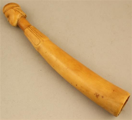 A 19th century African Chokwe ivory fly whisk handle, 8.25in.